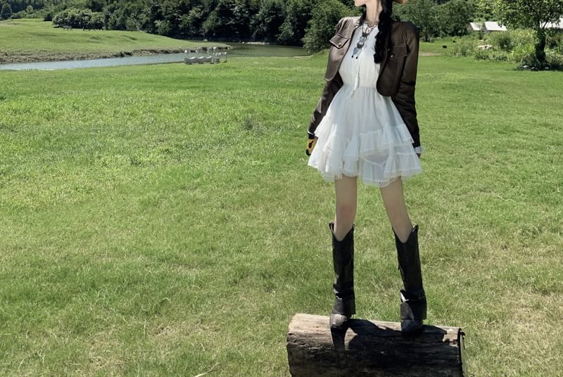 Plain Dress Lace Long-Sleeve Mini A-Line Trim Tiered