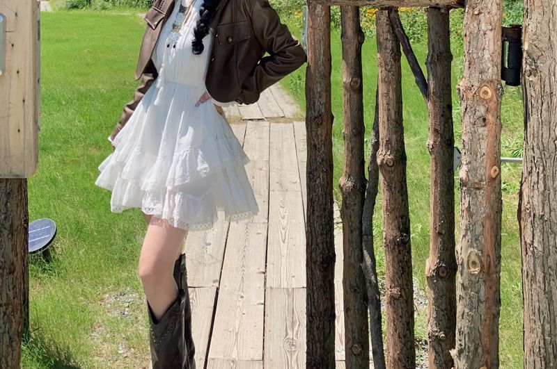 Plain Dress Lace Long-Sleeve Mini A-Line Trim Tiered