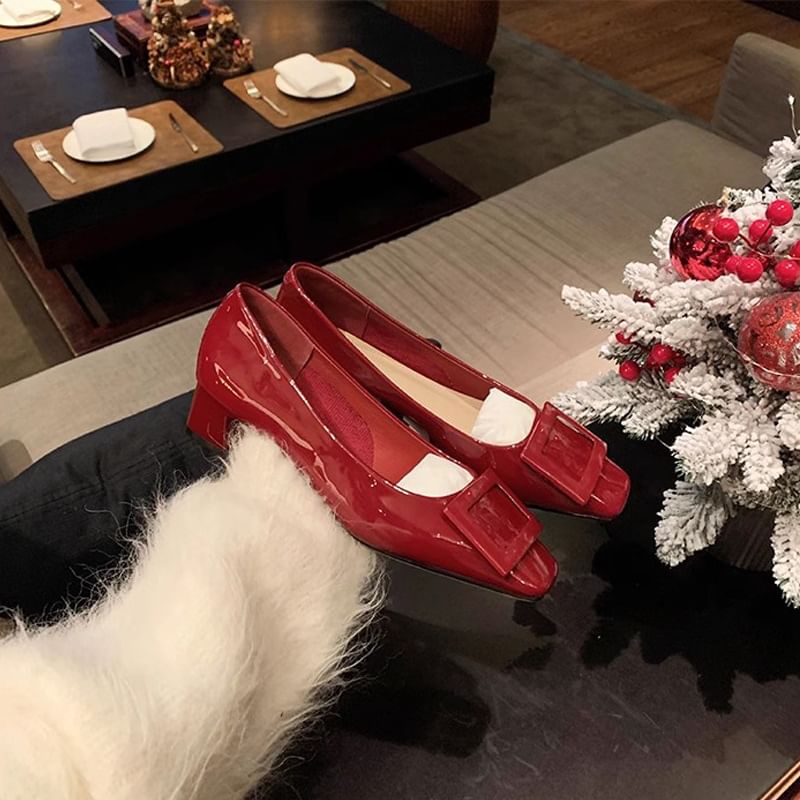 Toe Square Chunky Heel Pumps Buckled