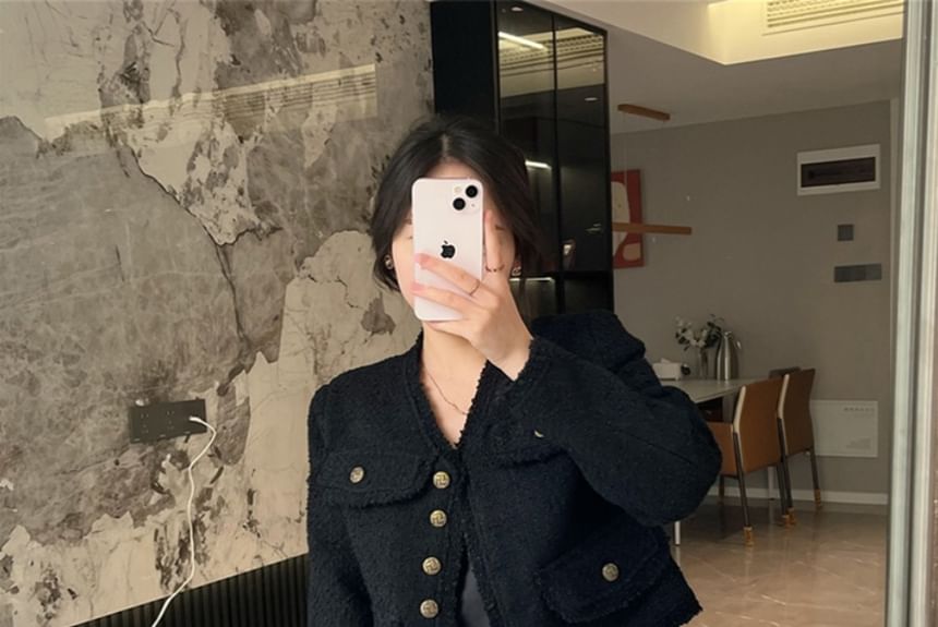 V-Neck Button-Up Tweed Jacket