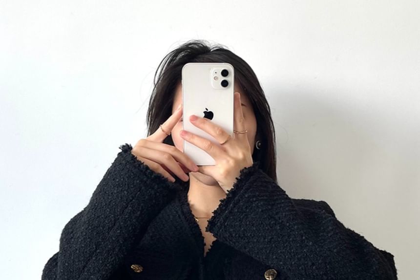 V-Neck Button-Up Tweed Jacket