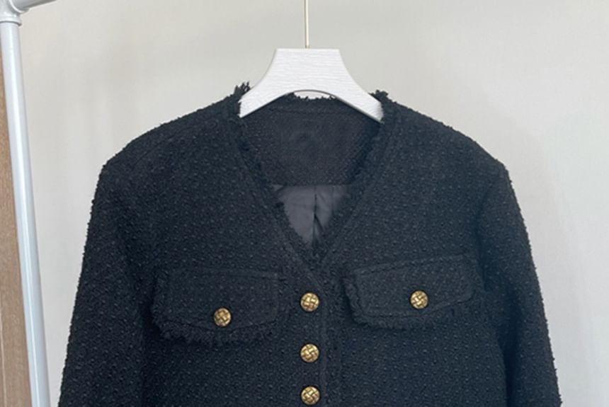 V-Neck Button-Up Tweed Jacket