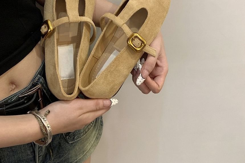 Flats Suede T-Strap Toe Square Faux
