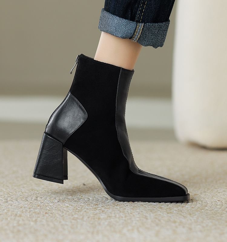 Block Short Square Faux Toe Suede Panel Boots Heel