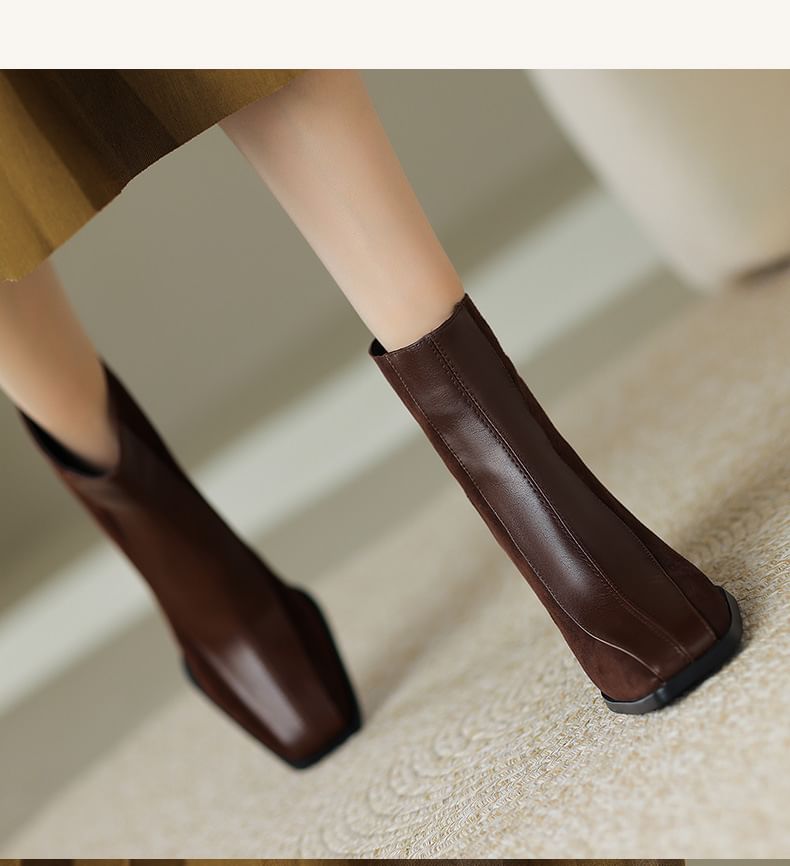 Block Short Square Faux Toe Suede Panel Boots Heel