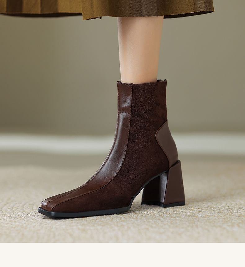 Block Short Square Faux Toe Suede Panel Boots Heel