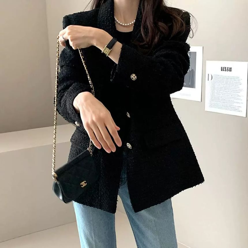 Notch Lapel Plain Tweed Single Breasted Blazer