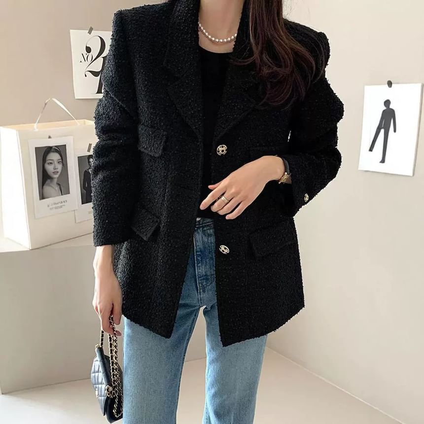 Notch Lapel Plain Tweed Single Breasted Blazer