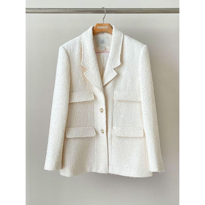 Notch Lapel Plain Tweed Single Breasted Blazer