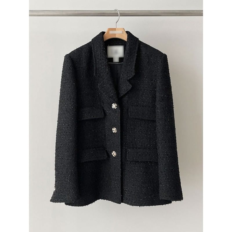 Notch Lapel Plain Tweed Single Breasted Blazer