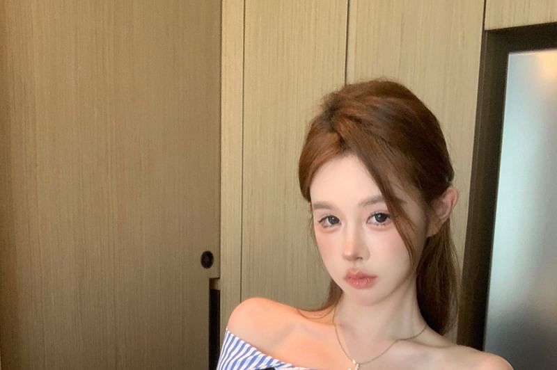 Off-Shoulder Blouse Striped Flared-Sleeve Cropped Lace-Up