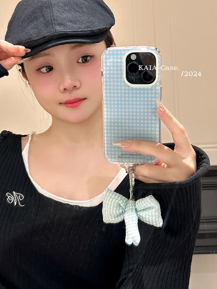 / Set Phone Charm Bow Plaid Case