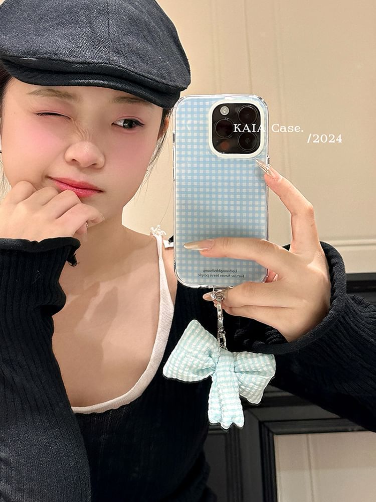 / Set Phone Charm Bow Plaid Case