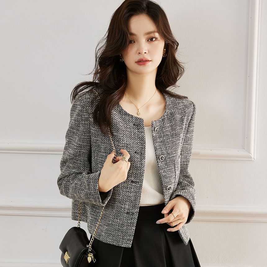 Round Neck Tweed Button Cropped Jacket