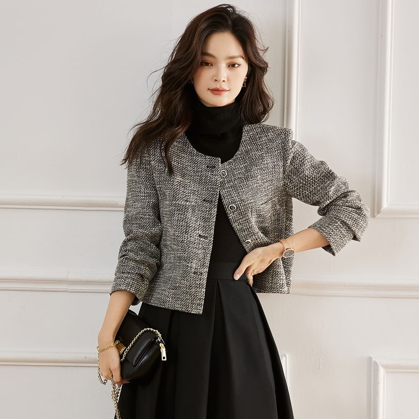 Round Neck Tweed Button Cropped Jacket