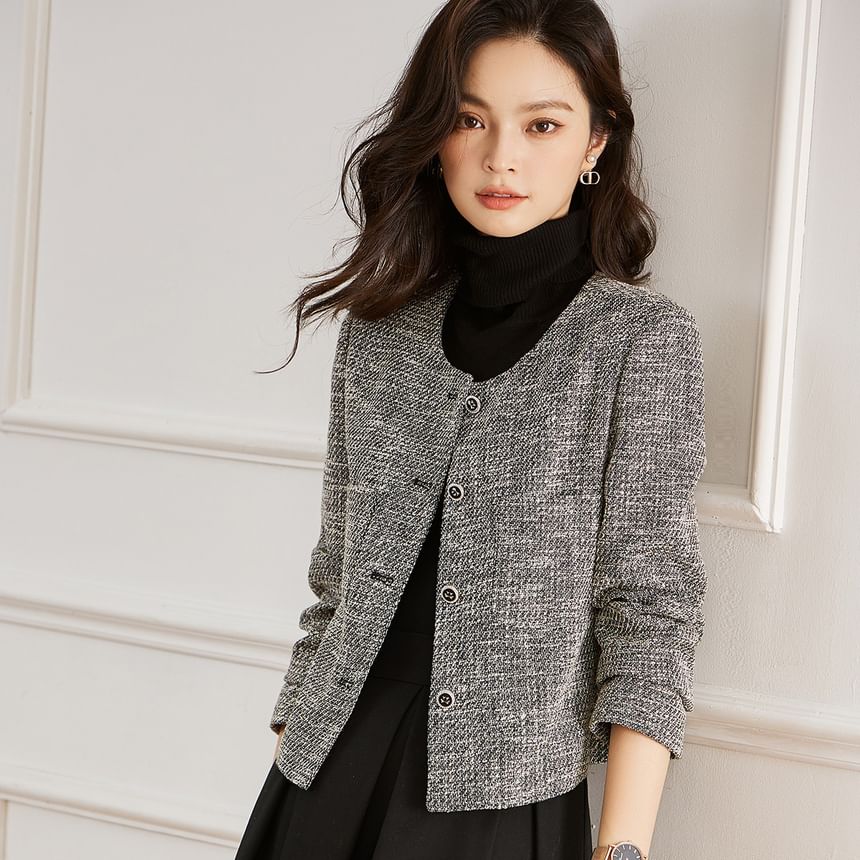 Round Neck Tweed Button Cropped Jacket