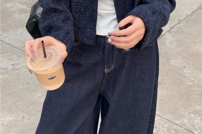 Round Neck Button Up Cropped Tweed Jacket