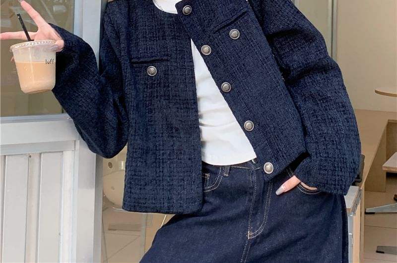 Round Neck Button Up Cropped Tweed Jacket