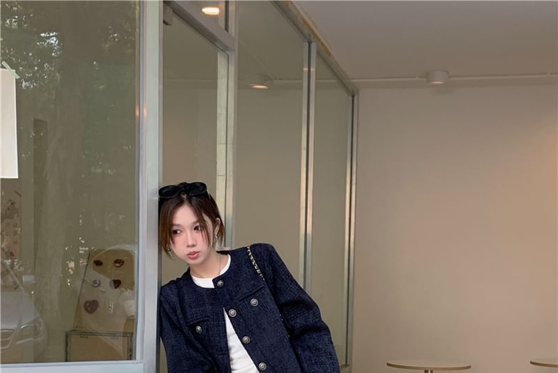 Round Neck Button Up Cropped Tweed Jacket