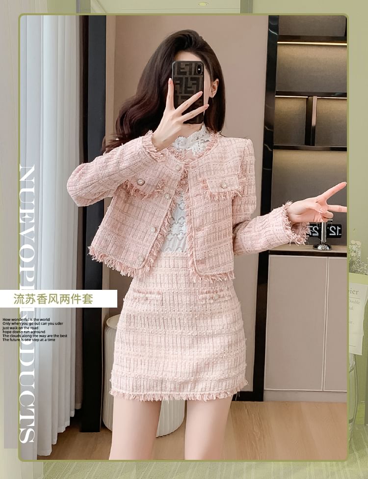 Set: Band Collared Tweed Button Jacket + High Waist Plain Mini Pencil Skirt