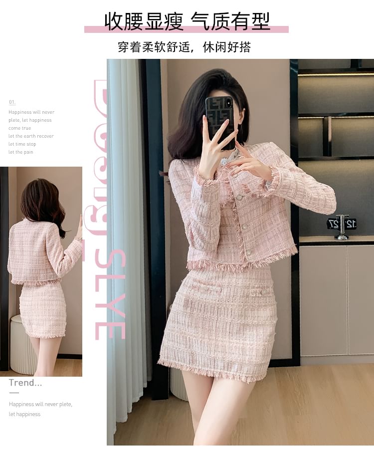 Set: Band Collared Tweed Button Jacket + High Waist Plain Mini Pencil Skirt