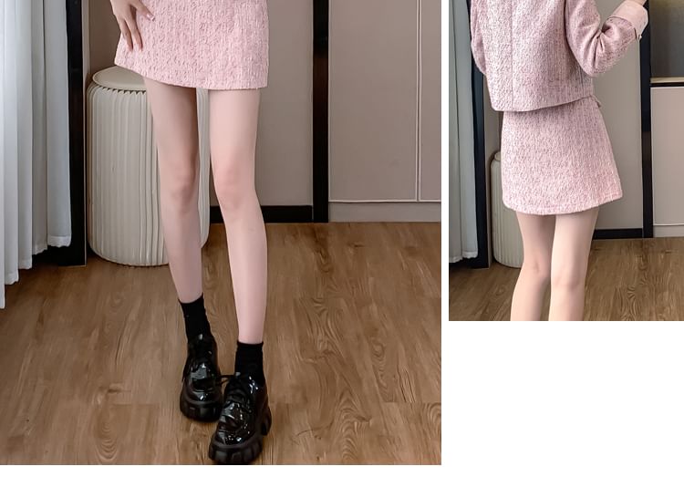 Set: Band Collared Tweed Knot Button Jacket + High Waist Plain Mini A-Line Skirt