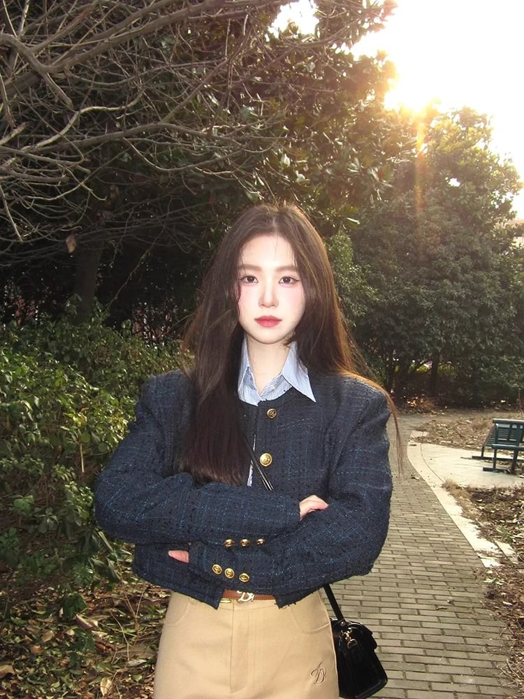 Round Neck Plaid Tweed Button Jacket / Collared Striped Button Shirt / High Waist Plain Midi A-Line Skirt / Set