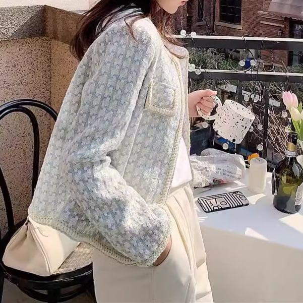 Round Neck Houndstooth Tweed Button Cropped Jacket