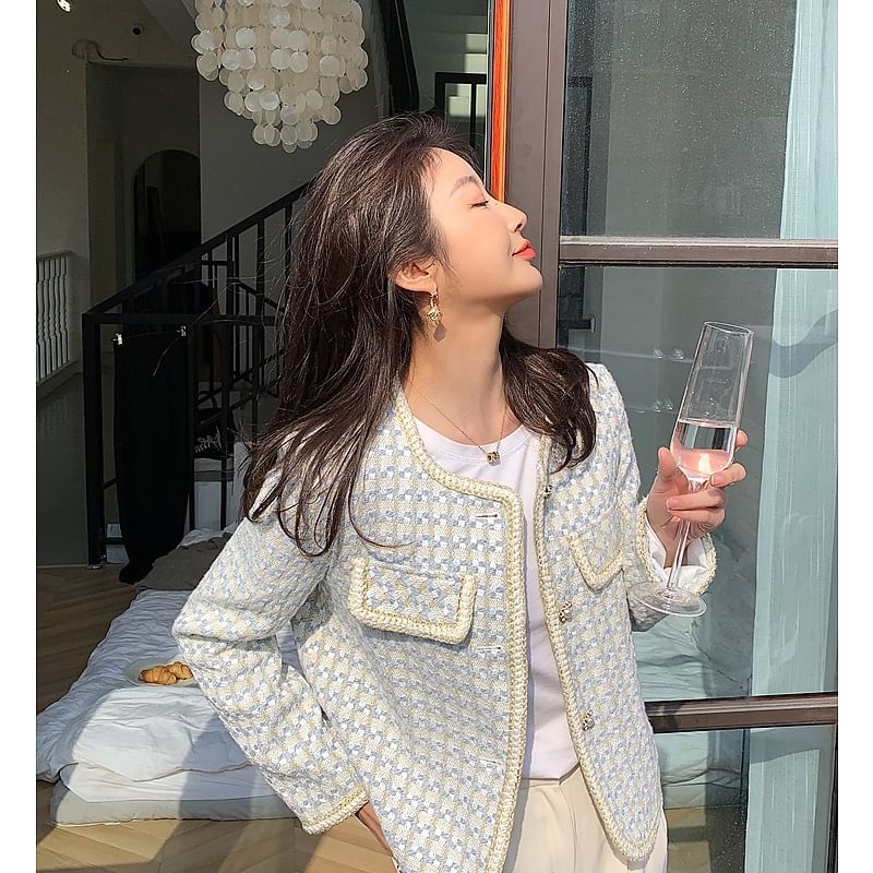 Round Neck Houndstooth Tweed Button Cropped Jacket