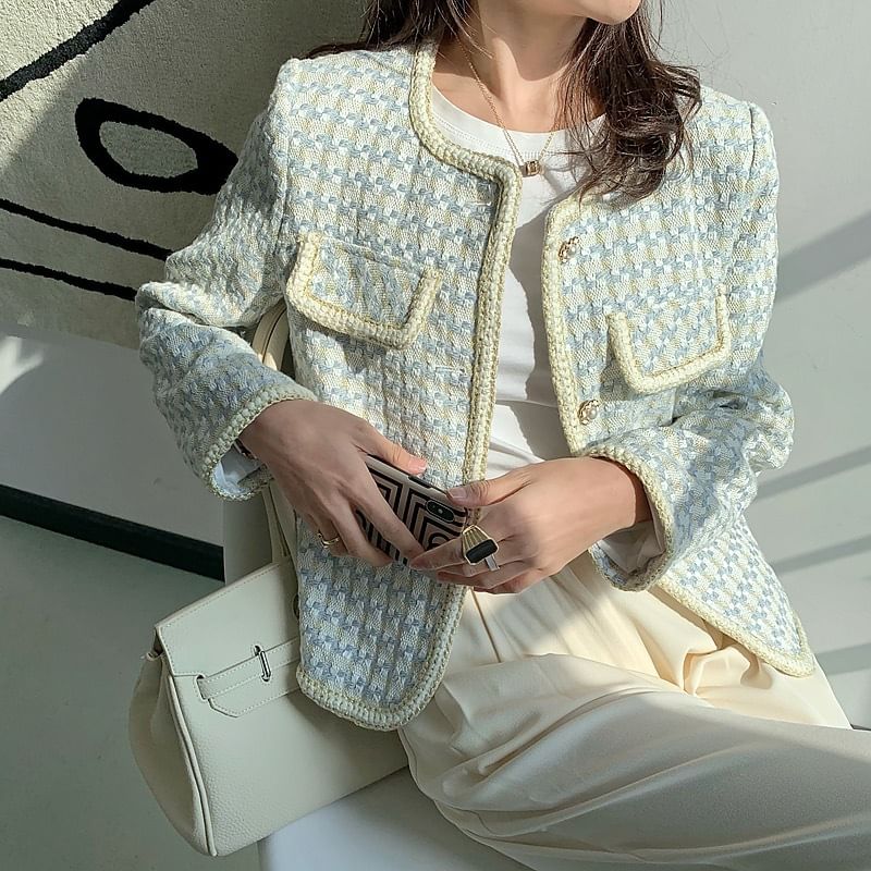 Round Neck Houndstooth Tweed Button Cropped Jacket