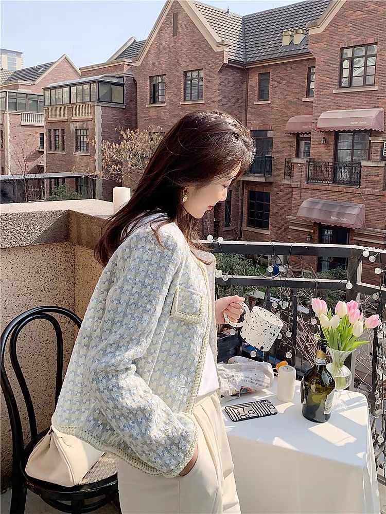 Round Neck Houndstooth Tweed Button Cropped Jacket