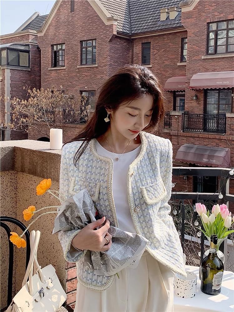 Round Neck Houndstooth Tweed Button Cropped Jacket