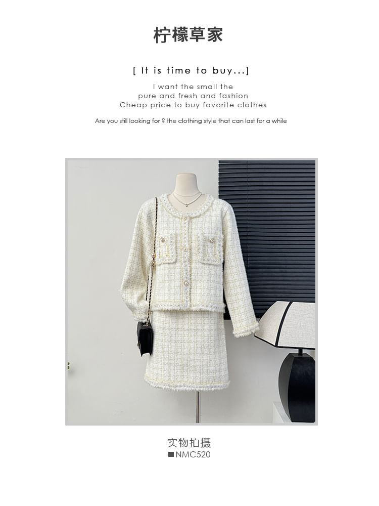 Set: Round-Neck Tweed Jacket + A-Line Skirt