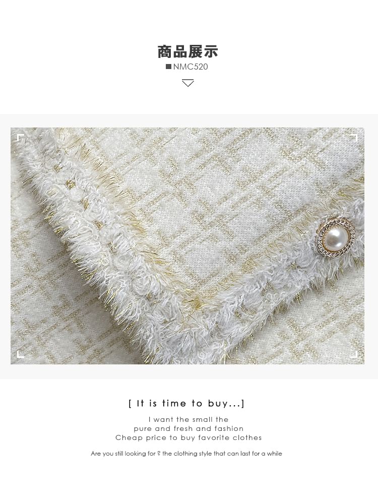 Set: Round-Neck Tweed Jacket + A-Line Skirt