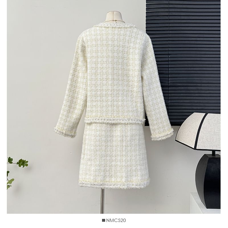 Set: Round-Neck Tweed Jacket + A-Line Skirt