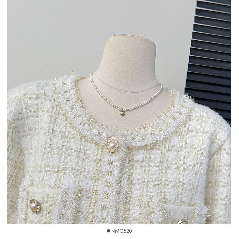 Set: Round-Neck Tweed Jacket + A-Line Skirt