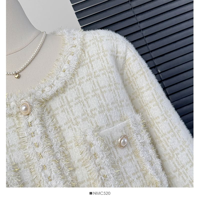 Set: Round-Neck Tweed Jacket + A-Line Skirt