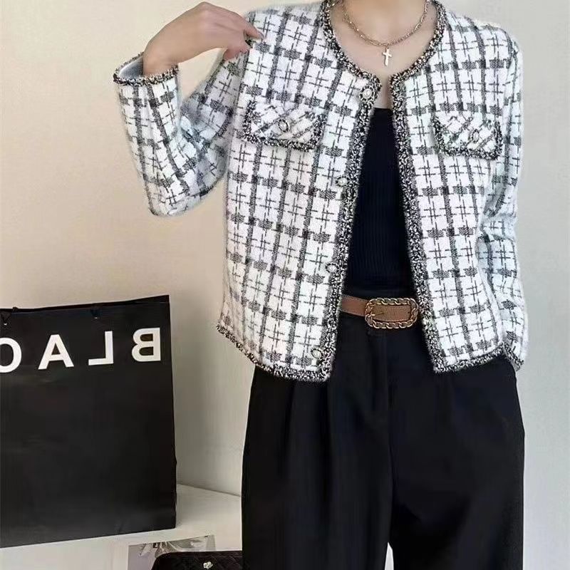 Crew Neck Plaid Tweed Button Jacket