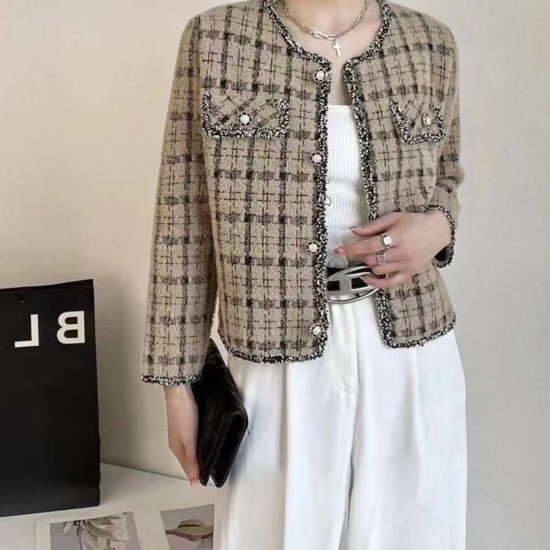 Crew Neck Plaid Tweed Button Jacket