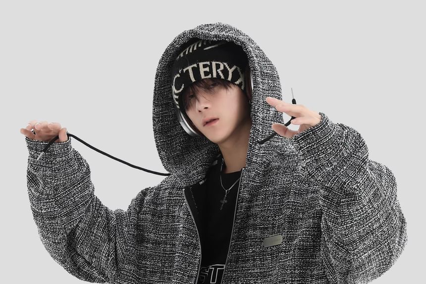 Couple Matching Hood Fleece-Lined Tweed Zip Jacket