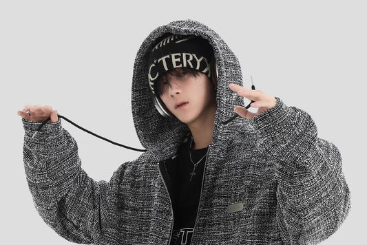 Couple Matching Hood Fleece-Lined Tweed Zip Jacket