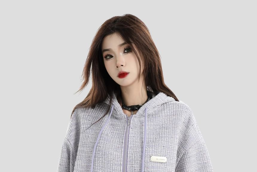 Couple Matching Hood Fleece-Lined Tweed Zip Jacket