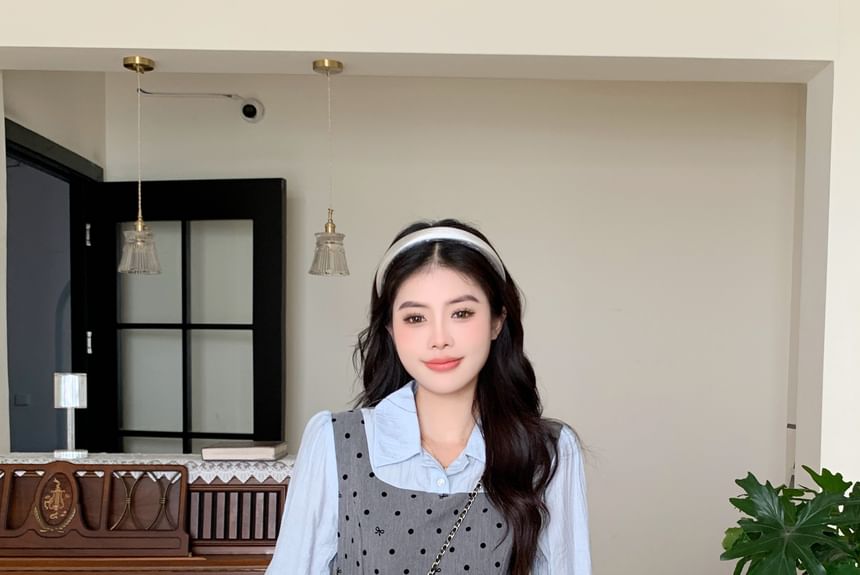 Long Sleeve Collared Dotted Mock Two Piece A-Line Dress