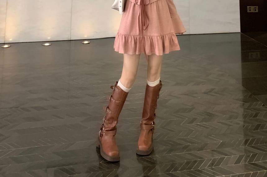 Long Sleeve Square Neck Lace Up Ruffle Mock Two Piece A-Line Dress (Various Designs)