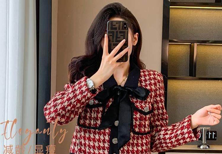 Set: Collared Houndstooth Contrast Trim Button-Up Tweed Crop Jacket + High Rise Mini A-Line Skirt