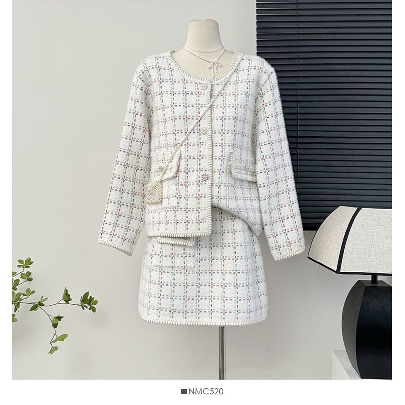 Set: Round-Neck Tweed Jacket + Mini Skirt