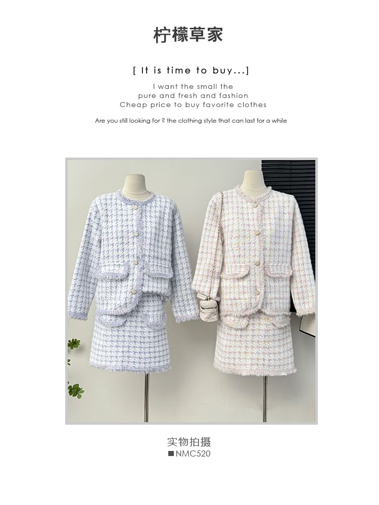 Set: Frayed Crew-Neck Tweed Jacket + Mini Skirt