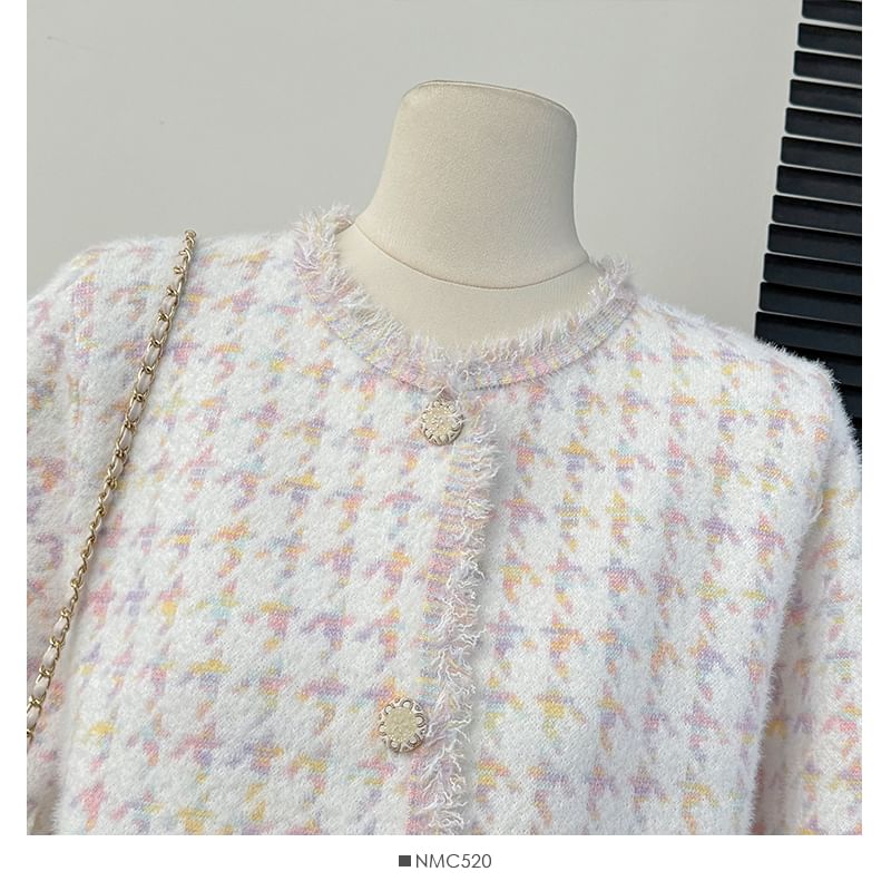 Set: Frayed Crew-Neck Tweed Jacket + Mini Skirt