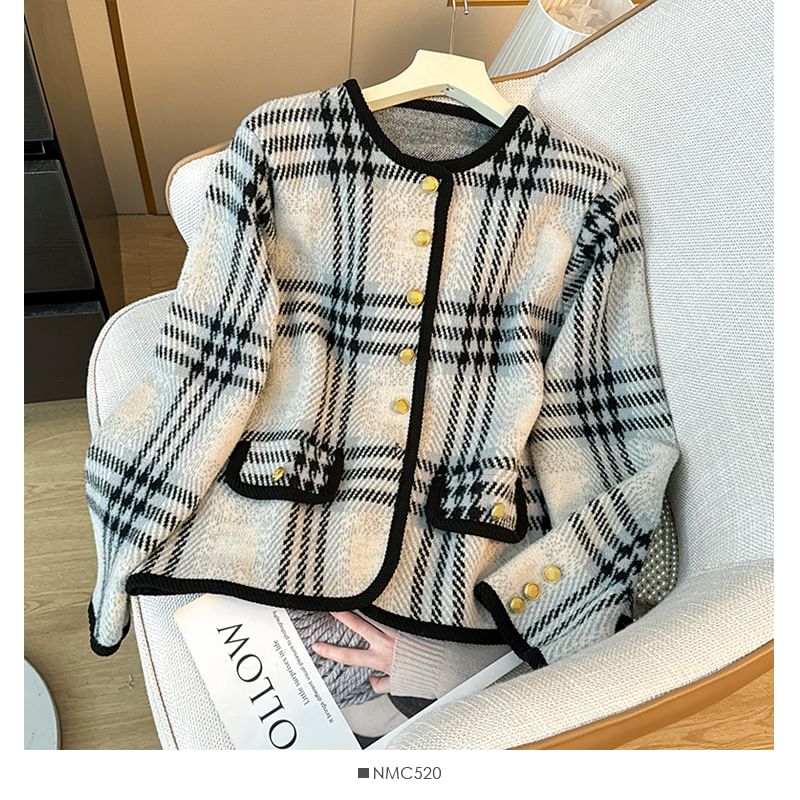 Plaid Round-Neck Wool Jacket