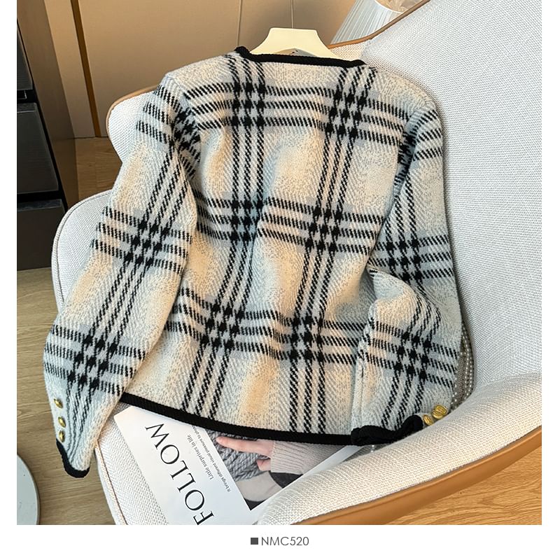 Plaid Round-Neck Wool Jacket